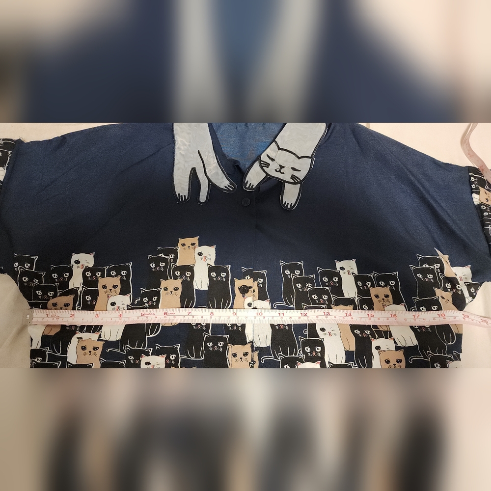 Button Down Cat Patterned Navy Shirt With Cat Col… - image 2